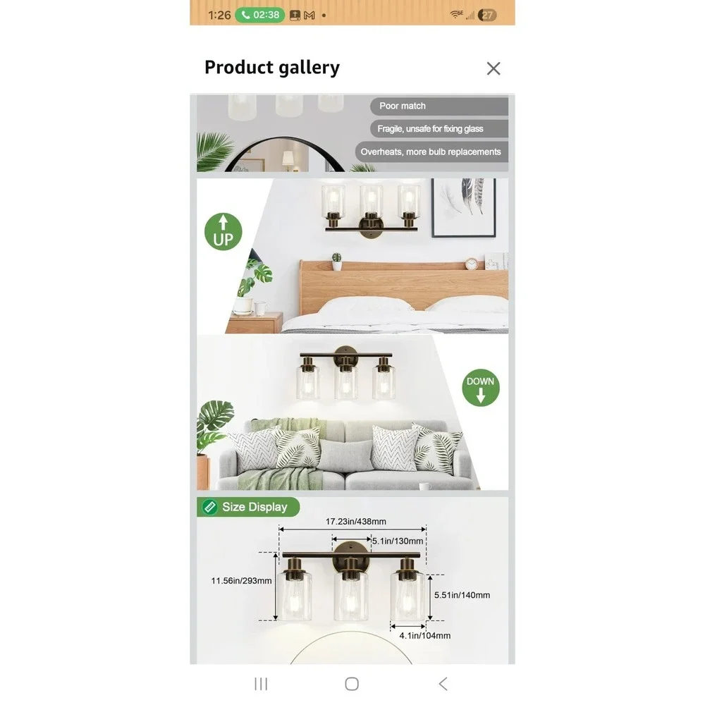 3-Light Bathroom Light Fixtures, Brown and Gold Bathroom Wall Lights, Modern ...